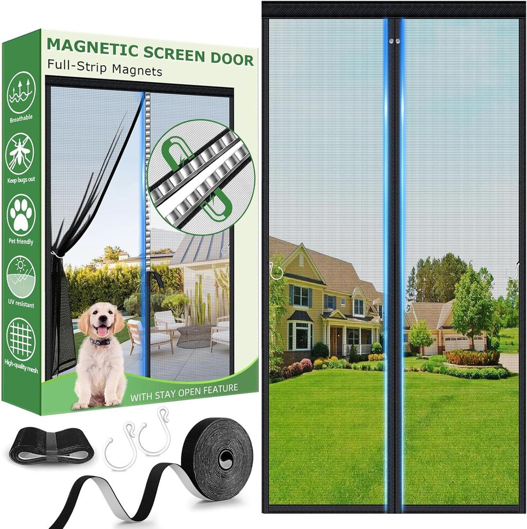 Upgraded Magnetic Screen Door Mesh, Full Strip Magnets, Heavy Duty Fiberglass Mesh, Door Screen Magnetic Closure for Single Door Size 36 x 82 Inch, Screen Door Size 38 x 84 Inch Black