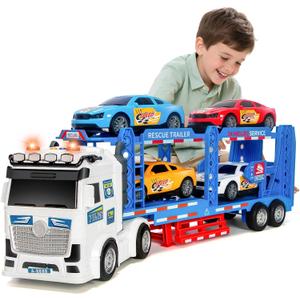 BainGesk Semi Truck Toys Car for 3, 4, 5, 6, 8 Years Old Boys Girls, Adjustable Double Decker Carrier Truck with Light & Sound, Car Hauler with Trailer Toy, Large Transport Toy Gifts for Toddler (Blue)