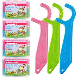 FAMILIFE Dental Floss Picks Kids flossers Toddler Threaders Children Unwaxed Unflavored Fluoride Free Dental Floss Child Kid Flossing Sticks with Travel Cases 200 Picks (Animal 200 Pcs)