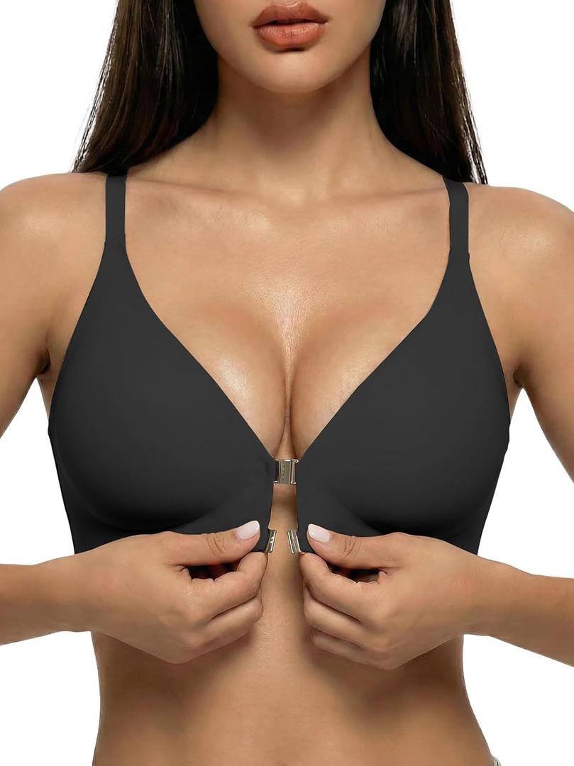 Front Closure Bras for Women Magnetic Deep V Bra Racerback Wireless Seamless Bralettes Comfy No Underwire Jelly Bra (X-Large, Black)