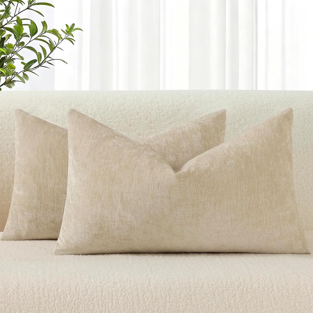 decorUhome Chenille Beige Throw Pillow Covers 12x20 Inch Set of 2, Decorative Soft Couch Pillow Covers Solid Dyed Accent Farmhouse Neutral Rectangle Pillow Cases for Sofa