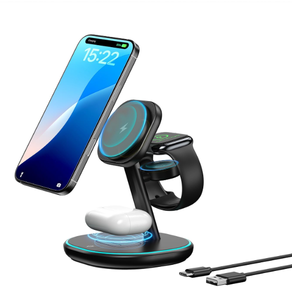 EnergyCell 3in1 Charging Station, 2X Faster 15W Wireless Charging Station for iPhone 16/15/14/13/12, for Apple Watch, AirPods, Magnetic Wireless Charger with Sleep Friendly Light (Black)