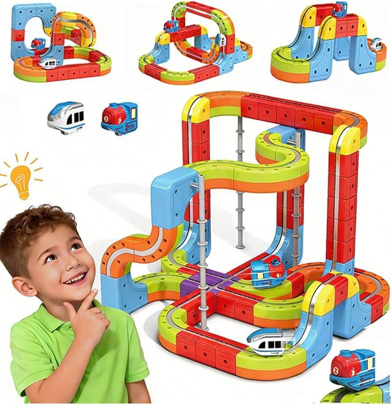 Electric Train Set, 3D Infinity Racer Train Tracks, DIY Toy Car Track, Modular Building Blocks Freely Assembled, STEM Learning Toy Fun Gifts for Kids Toddlers Boys & Girls