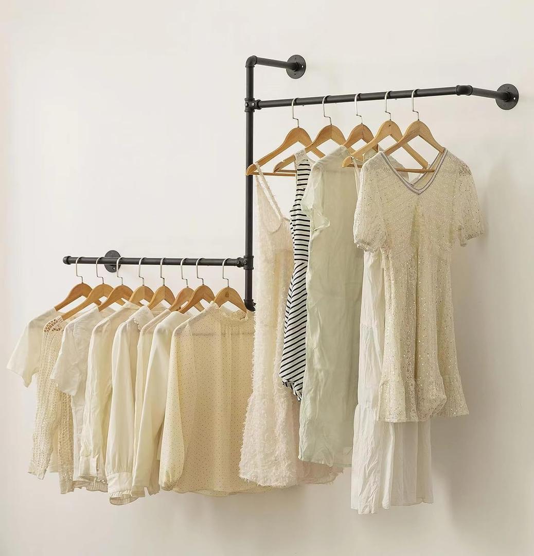 Industrial Pipe Clothing Rack Wall Garment Rack with Pipe Clothes Rails, Multi-Purpose Heavy Duty Clothing Hanging Rods Space-Saving Clothes Bar Organizer Closet (wall clothing rack-2 hanging rods)