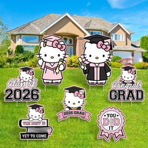 7pcs Pink Graduation Decorations 2026 Yard Sign, Graduation Yard Signs Class Of 2026, Pink Cute Cartoon Congrats Grad 2026 Lawn Signs Large Outdoor, Wind-rain Stable, Easy Setup for Lawn