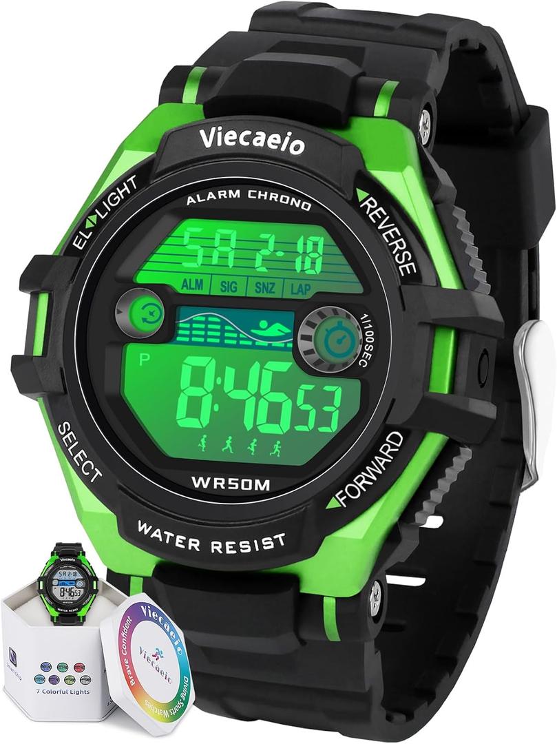 Kids Digital Watch for Boys Girls, Waterproof LED Colorful Lights Sports Watch Suitable for 5-17 Years Old Teenagers (with Gift Box) (Black with Green)