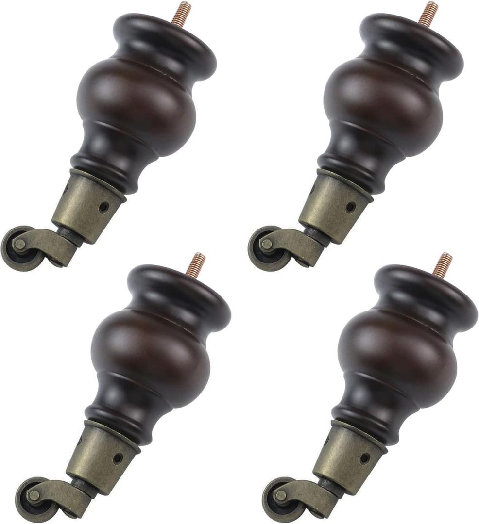 4.72" Height Wooden Furniture Legs Wood Sofa Legs Replacement Round Gourd Wooden Turned Feet with M8 Hanger Bolts and Caster Wheels for Couch Armchair Recliner Dresser Cabinet Ottoman