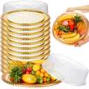 Nitial 12 Pcs Heavy Duty Serving Tray with Clear Lid, Round Elegant Gold Catering Trays Disposable Large Plastic Platters for Fruit Cake Sandwich Food Picnic Christmas Party Supplies (12 Inches)