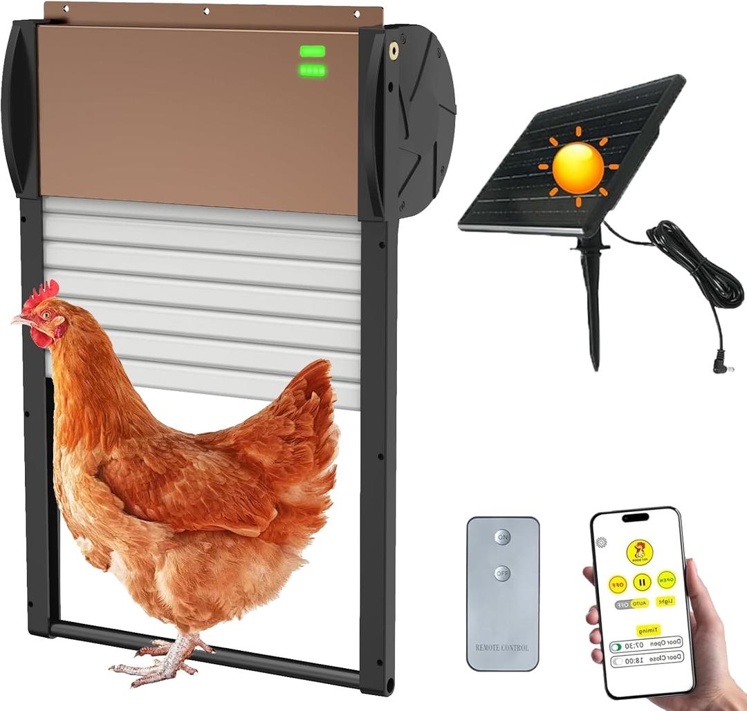 Automatic Chicken Coop Door APP Controlled, Solar Powered Chicken Coop Door Opener with Programmable Timer, 10M Remote, Light Sensor, USB Rechargeable, Anti-Pinch, Auto Chicken Doors (tanned)