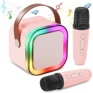 Mini Karaoke Machine for Kids, Portable Bluetooth Speaker with 2 Wireless Microphones,Christmas and Birthday Gifts Suitable for Girls Aged 4 to 12(Pink)