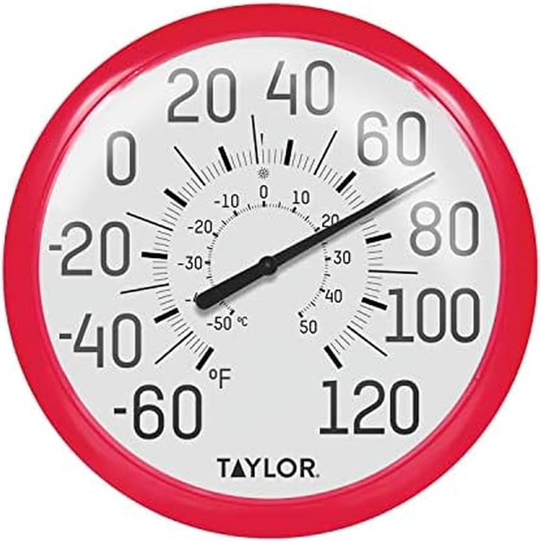 Taylor Big and Bold Wall Dial Thermometer, Indoor Outdoor Thermometer, Wireless Thermometer with Easy to Read Numbers for Patio, Pool, Garage and Indoor Areas, 13.25-inch, Red