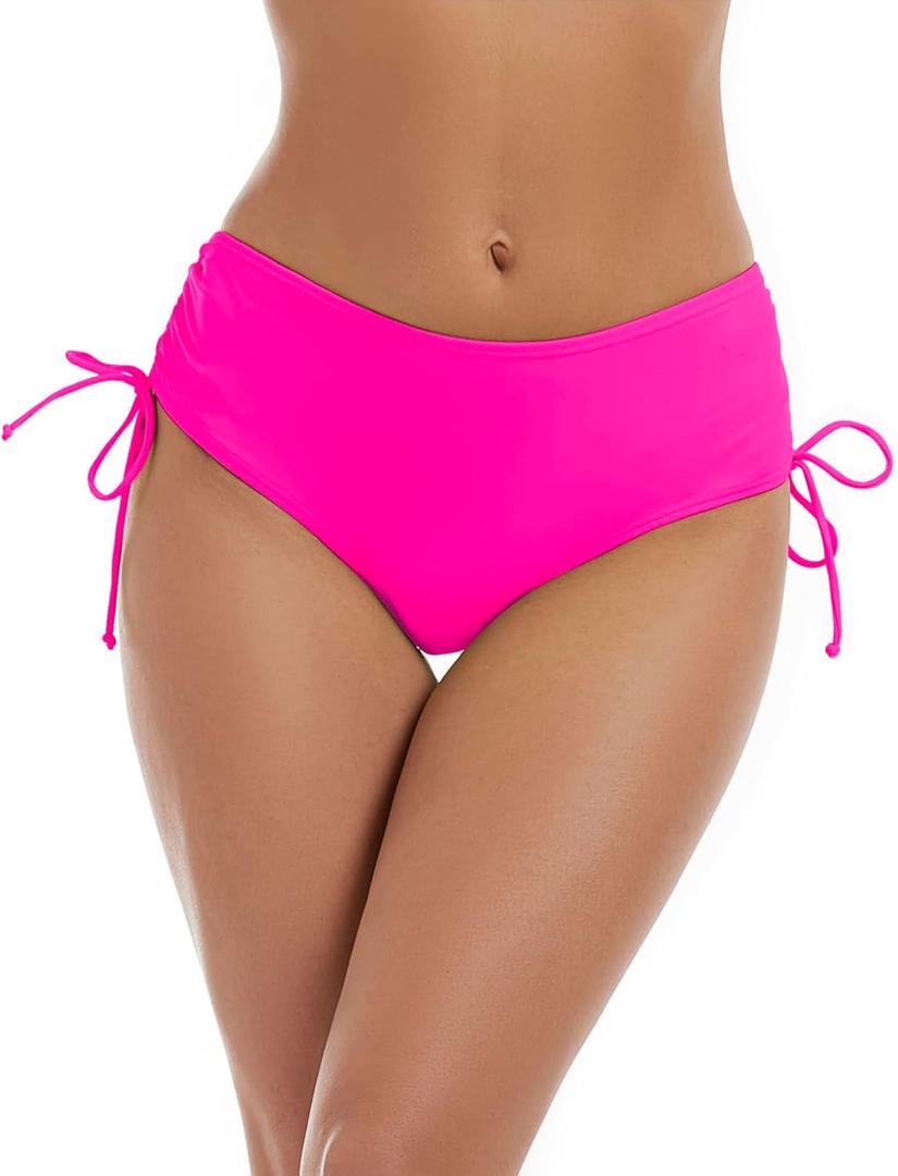 Bonneuitbebe Women's Bikini Bottoms Full Coverage Swim Bottoms Mid Waisted Swimsuit Bathing Suit Bottom (X-Large, Pink)