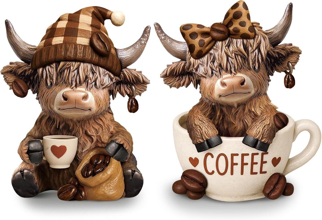Wesiti 2 Pcs Coffee Highland Cow Figurines Decor, Coffee Cow Desk Decorations Gnomes Scottish Resin Statue Calf for Home Garden Kitchen Office Tiered Tray Table