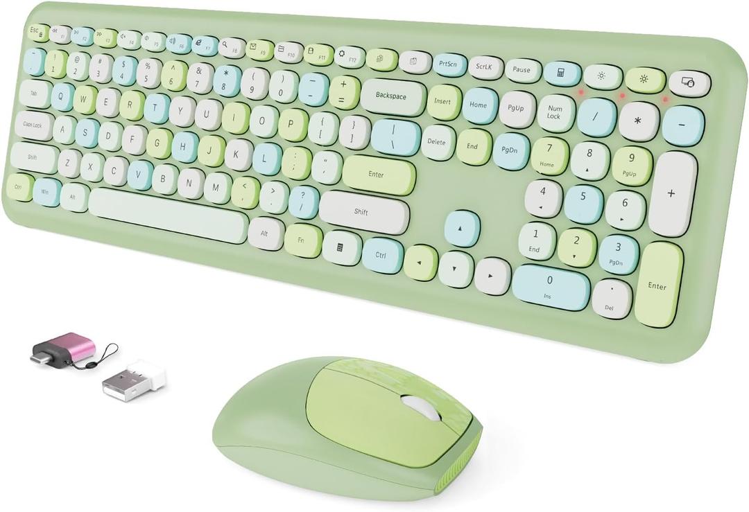 Wireless Keyboard and Mouse Combo, Colorful Ergonomic Full Size Retro Low-Noise Keyboard with Cute keycaps, Compatible with Windows, PC, Perfer for Home and Office Keyboards (Green)