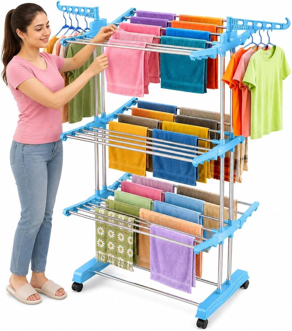 Clothes Drying Rack, 3-Tier Folding Stainless Steel Laundry Rack with Side Wings Indoor & Outdoor Use Space-Saving Design (Blue) Large ABS Steel