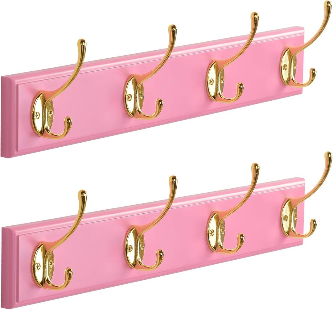 Wall Mount Bamboo Coat Rack, 17 Inch, 4 Double Hooks,2 Pack, Pink and Gold