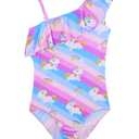 Girls Swimsuit Size 8-9 Years Old Pink Purple Unicorn Sleeveless One Shoulder Ruffle Bathing Suit Swimming Swimwear