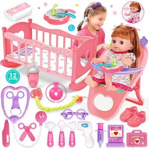 Baby Doll Toys Set, 14" Doll Toys, 25Pcs Dolls Care Toy Playset, Toddlers Toy Dolls Set Incl Cradle Crib, High Chair, Milk Bottle, Pacifier, Diaper, Baby Gift for Age 3 4 5 6+ Years Old Girls Boys