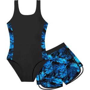 Girls Swimsuit One Piece Swimsuits Color Block Bathing Suit for Girls Adjustable Strap Padded Swimwear with Shorts, 11-12Y 