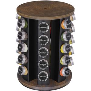 New England Stories Revolving Spice Rack Set with 35 Spice Jars, Kitchen Spice Tower Organizer for Countertop or Cabinet - Carousel Storage Includes 386 Spice Labels (Wood)