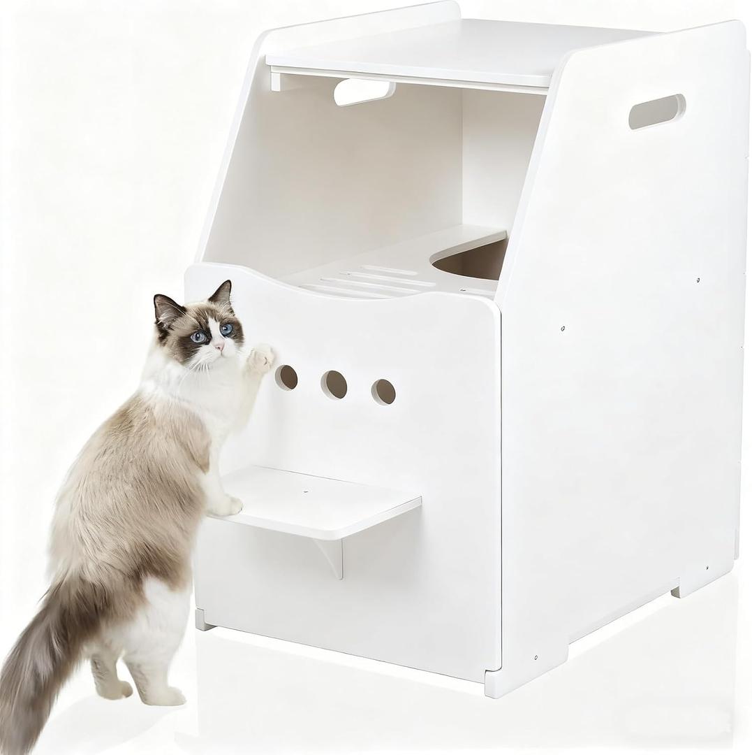 Top Entry Cat Litter Box, Tall Enclosed Enclosure Furniture with Stairs for Cats, Wooden Washroom with Filter for Kitty, Best Hidden, Dog Free, Odor Hiding Cabinet, 21.7 x16.1 x 28.7(White)