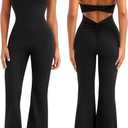 Relety Womens Flare Jumpsuits One Piece Halter Neck Twist Back Sleeveless Butt Scrunch Workout Romper Yoga Bodycon Unitard (Black) Large
