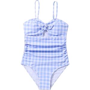 Floerns Girl's Gingham Print Ruched Cut Out Knot Front One Piece Swimsuit (Blue and White) 11-12Y