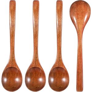 4 PCS Wooden Spoons for Eating, 7 Inch Wood Soup Spoons, Wooden Eating Spoon Wood Serving Table Spoon Set for Tea, Coffee Desserts Cereal