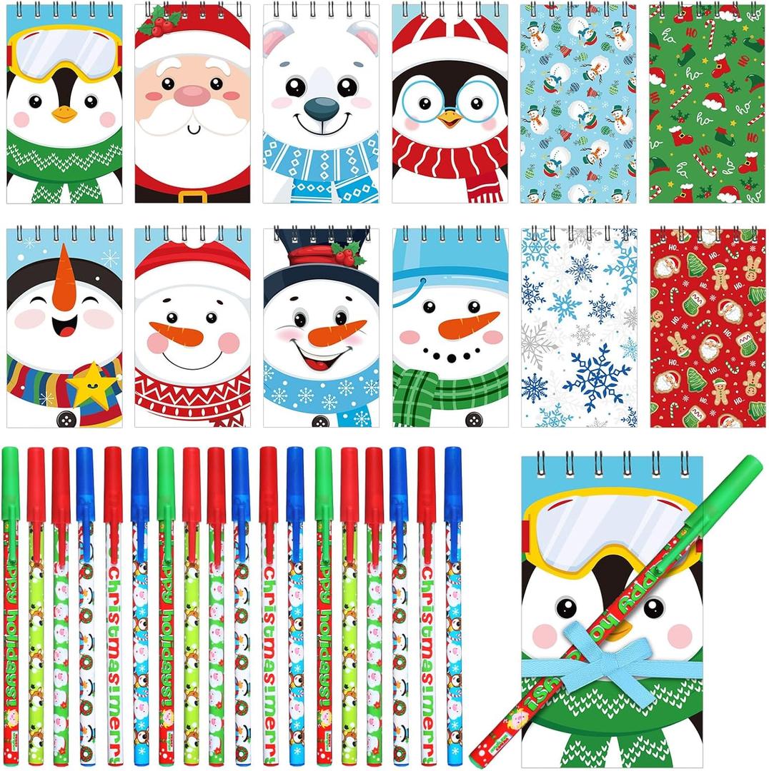 Cholemy 96 Pcs Gift Set for Christmas, Christmas Mini Notebooks with Pens for Kids Include Xmas Pens Mini Notepads Bulk and Ribbons, Coworker Stocking Stuffers for Teens School Holiday Office Gifts