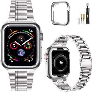 MioHHR Solid Stainless Steel Band Compatible with Apple Watch 44mm 42mm (Series 3/2/1), Metal Strap with Soft TPU Case for iWatch Series 6 5 4 3 2 1 SE SE2 SE3 Women and Men, Silver