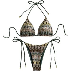 GORGLITTER Women's 2 Piece Triangle Knitted Rope Halter Thong Bikini Sets Sexy Bathing Suit Side Tie Swimsuits Multicolor Graphic Small (S)