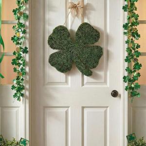 12.6'' St. Patrick's Day Shamrocks Moss Wreath for Front Door with Bows St. Patrick's Day Sign Four Leaf Clover Hanging Decorations, Lucky Green Clover for Irish Holidays Wall Window Decor