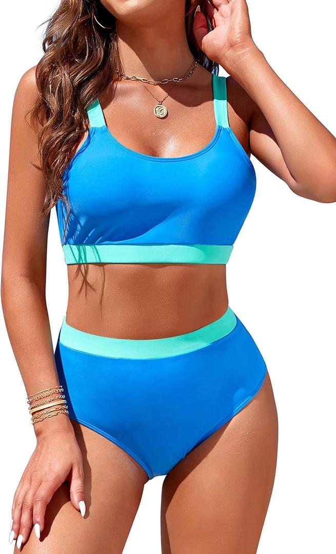 Womens High Waisted Bikini Sets Sporty Crop Top Color Block Swimwear Bandeau Scoop Neck Vintage Two Piece Bathing Suits (Large, Blue)