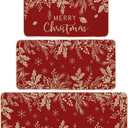 Artoid Mode Holly Pine Branches Leaves Merry Christmas Kitchen Mats Set of 3, Winter Decor Low-Profile Kitchen Rugs for Floor - 17"x29"+17"x36"+17"x47" (Red)