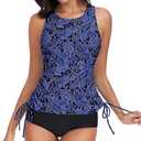 WOWENY High Neck Tankini Tops Only bathing suit tops for women Tummy Control swim tops UPF 50+ Swimsuit Top No Bottom (X-Large, Blue Pattern)