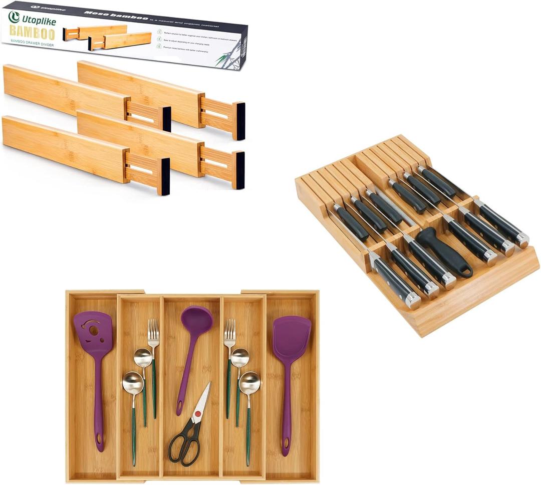 Utoplike Bamboo Kitchen Drawer Organizer, Adjustable & Expandable, Knife Drawer Organizer, Set of 3, Brown
