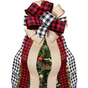 Christmas Tree Topper Large Buffalo Plaid Burlap Red and Black Gift Bow for Xmas Tree Handmade Holiday Party Decorations-13 x 29 Inch