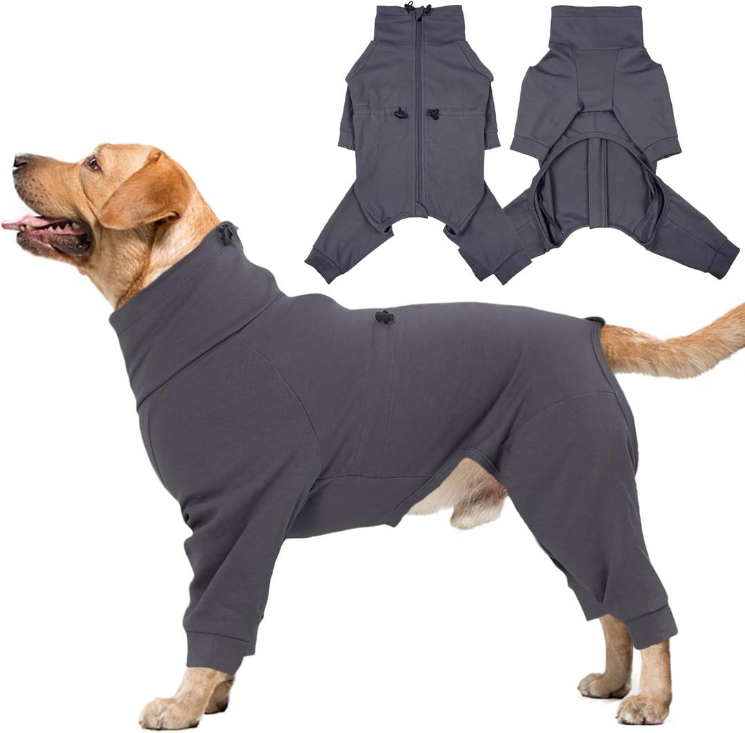 IDOMIK Recovery Suit for Dogs After Surgery, Zipper On Dog Surgery Suit Anti Licking Wound, Long Sleeve Dog Onesie Pajamas for Dogs, Adjustable Pet Shedding Suits, Dog Cone Alternative (XL(Chest circumference:23.62"), Grey)