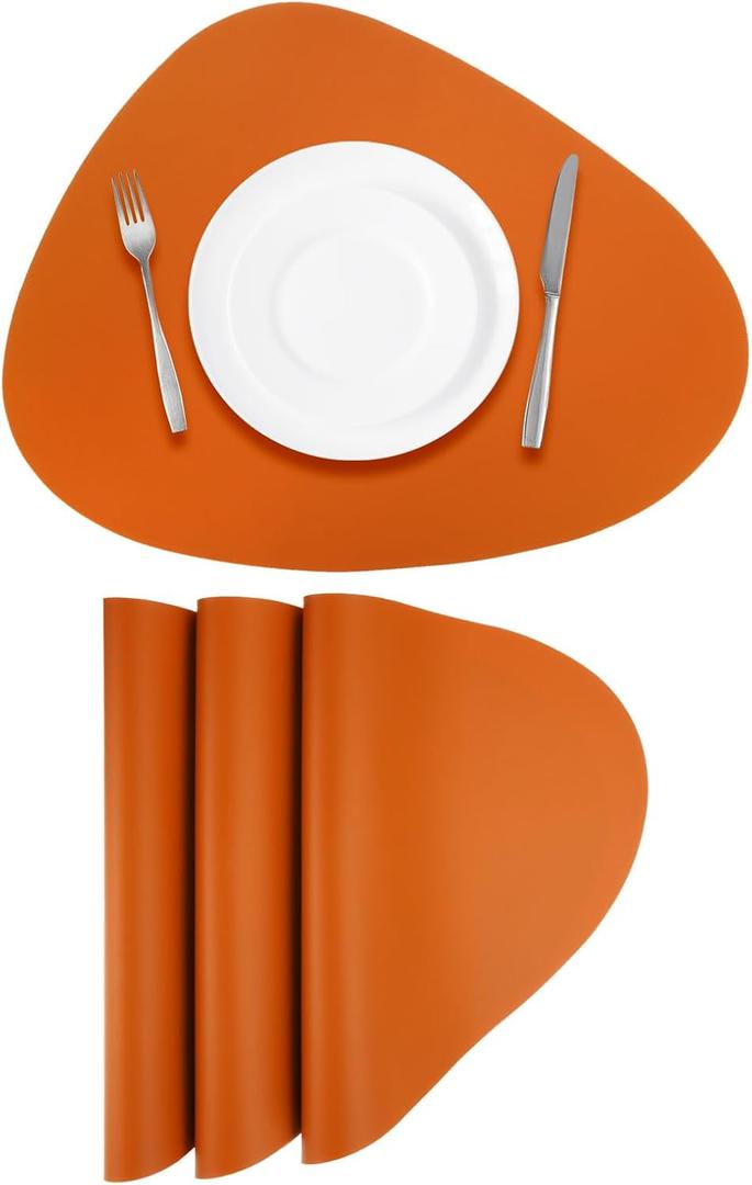 uxcell 4 Pcs Faux Leather Placemats for Dinner Table, PU Leather Drop-Shaped Table Mats Placemats Heat Resistant Waterproof Oil Proof Kitchen Placemats (Orange)