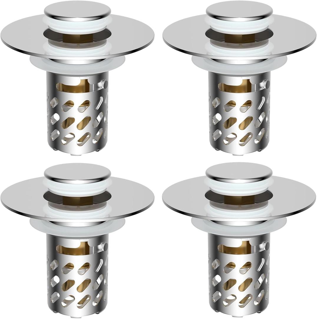 iFealClear 4 Pack All Metal Bathroom Sink Stopper, Pop Up Sink Drain Strainer with Removable Stainless Steel Filter Basket, Universal for 1.1"-2.36" Sink, Brass Bounce Core, Hair Catcher, Chrome