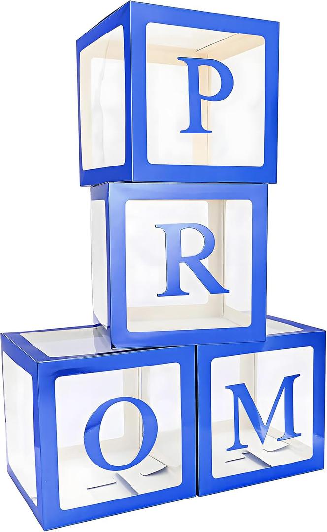 4 Pcs Prom Boxes with Letters 11.8 x 11.8 x 11.8 Inch Clear Balloon Boxes Transparent High School College Graduation Party Favors Supplies(Prom,Blue)