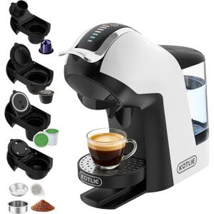 KOTLIE EM-308B Espresso Machine, Single Serve Coffee Maker Compatible with Multiple Capsule Types, Ground Coffee, and ESE Pods, 3 Temperatures, 7 Water Volume Levels, 34 OzWhite