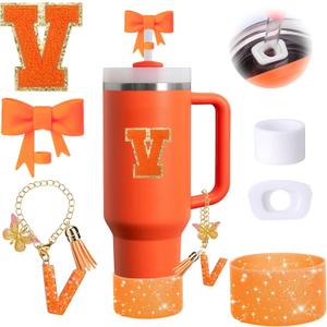 6PCS Orange Stanley Cup Accessories Set Fit for Stanley Cup 30oz 40oz,Including Spill Proof Stopper,Sparkly Silicone Boot,Bow Shape Straw Topper,Personalized Sticker,Handle Charm (Letter V)