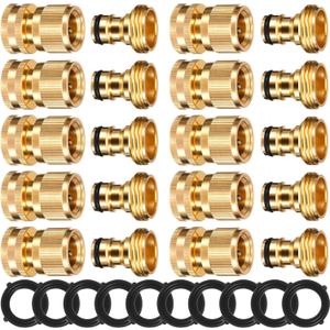 Therwen 10 Sets Garden Hose Quick Connector Solid 3/4 Inch Water Hose Connectors No Leak Heavy Duty Garden Fitting Female Adapter and Male Adapter (Brass Color)