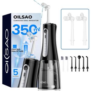 Cordless Water Flosser for Teeth Cleaning Pick, U-Shaped Flossing Head for 360 Deep Clean, 5 Modes & 9 Jet Tips, IPX7 Waterproof, Rechargeable & Portable Oral Irrigator for Travel, 350ML Large Tank (Black)