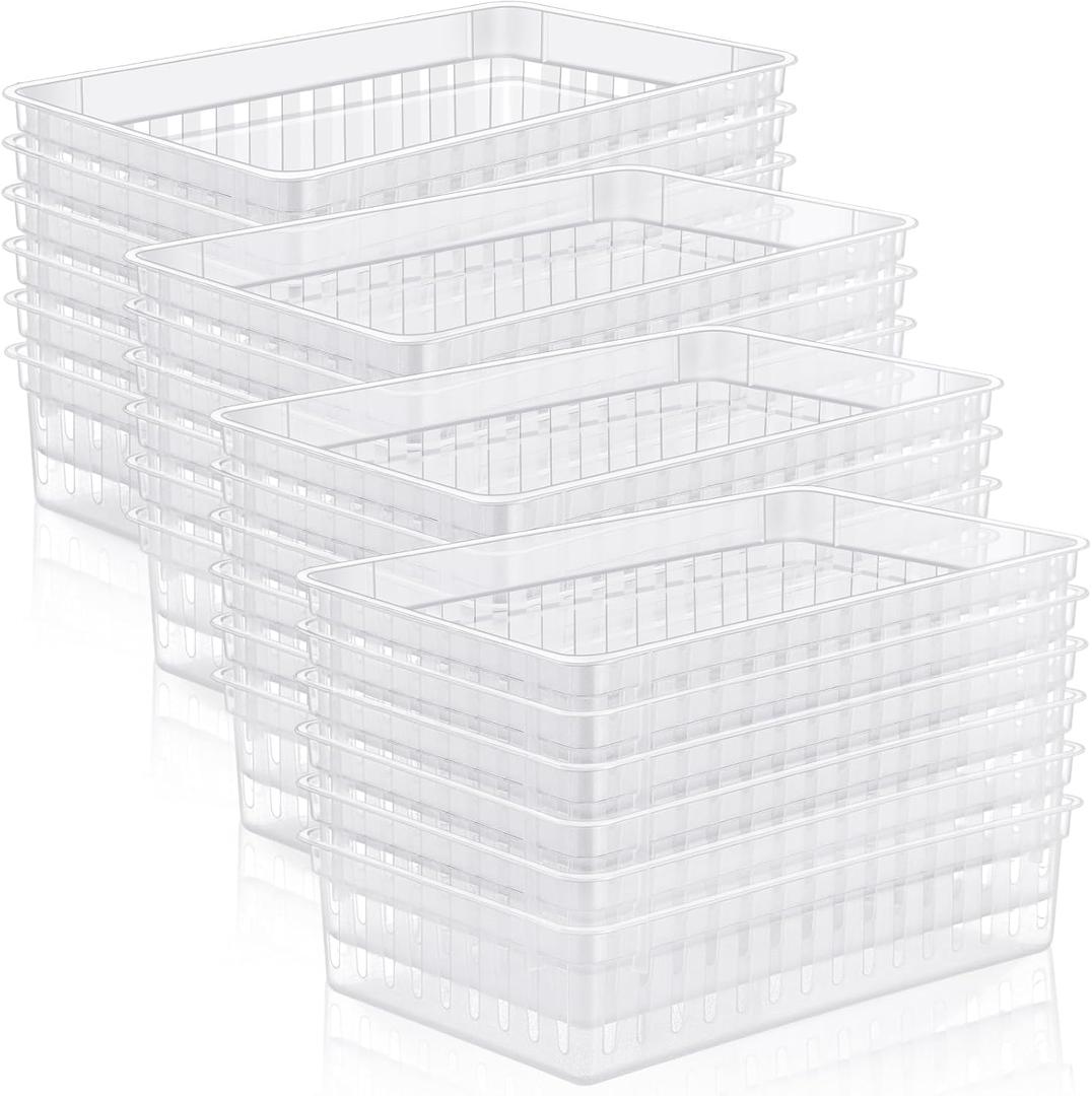 Wenqik 24 Pcs Plastic Storage Baskets for Classroom Organizing Small Pantry Storage Bins Rectangular Tray for Back to School Household Toys Classroom Bedrooms, Kitchens Countertops(Clear)