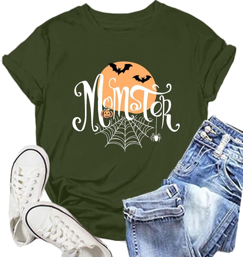 Halloween Momster T-Shirt for Women Funny Spider Bat Tee Mom Ster Letter Print Tee Tops (M)