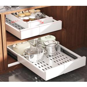 Seinloes 2 Pack Pull Out Cabinet Organizer Expandable Width(11"-16") and Depth(17"-24"),Slide Out Drawers with Raising Pad for Framed Cabinets,No Drill Roll Out Shelves for Kitchen,Bathroom,White
