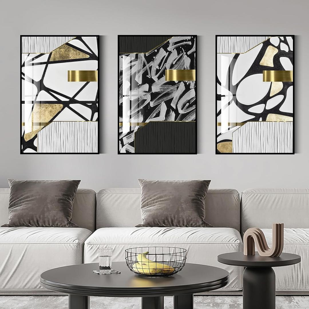 QKF bright abstract geometric wall decoration, modern minimalist black and white wall art, suitable for bedroom, living room, bathroom, office, home poster printing 16 "X 24" inch 3-piece set