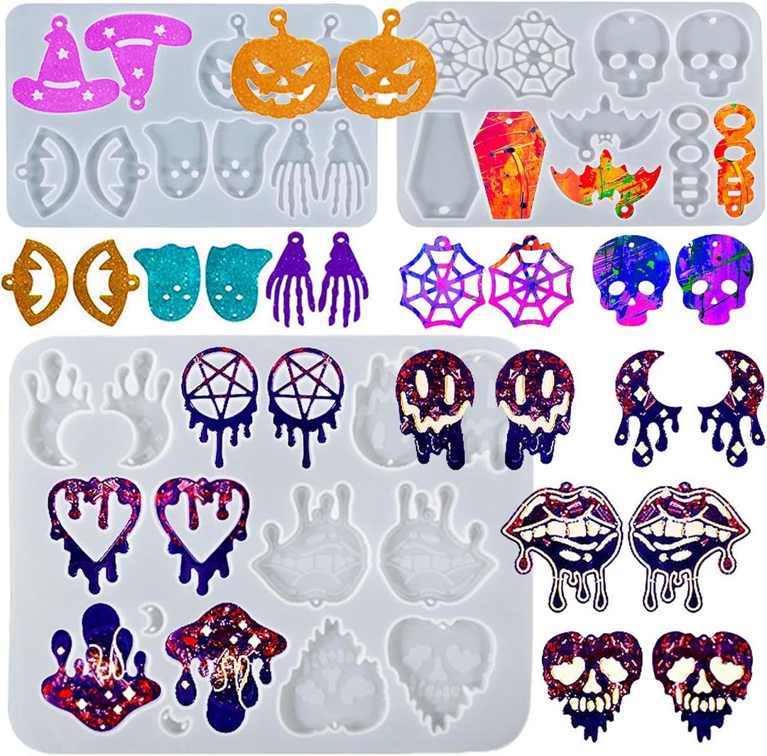 3PCS Halloween Resin Earring Molds, Silicone Jewelry Pendant Keychain Mold with Hanging Hole, Unique Skull Witch Bat Pumpkin Mold for Epoxy Resin Casting Clay, DIY Craft Decor Accessories